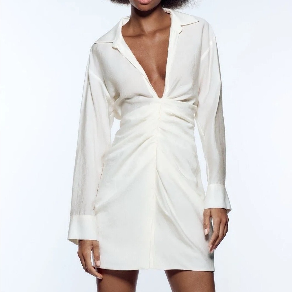Zara Cream Ruched Front Shirt Dress